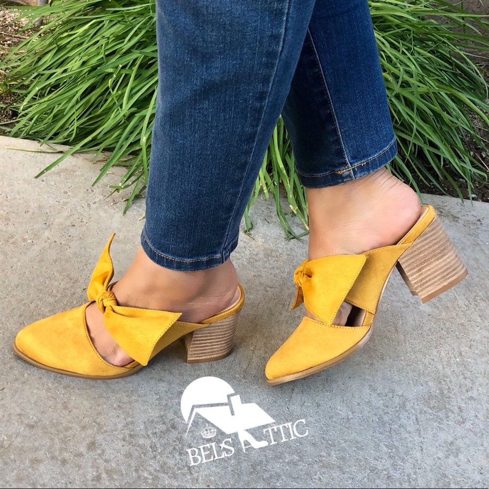 Mustard Stacked Leather Block Heel Bow Mule - Picture 5 of 8